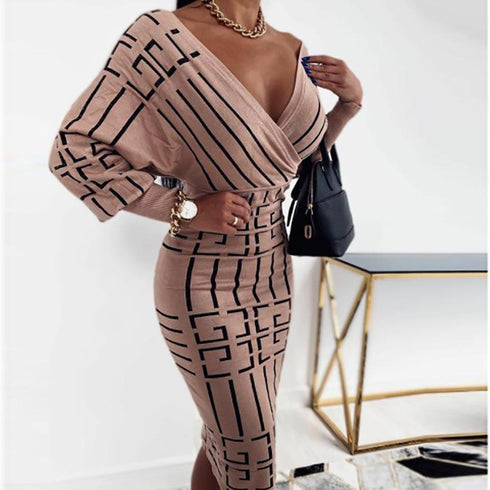 Long sleeve check one-step skirt V-neck hip dress